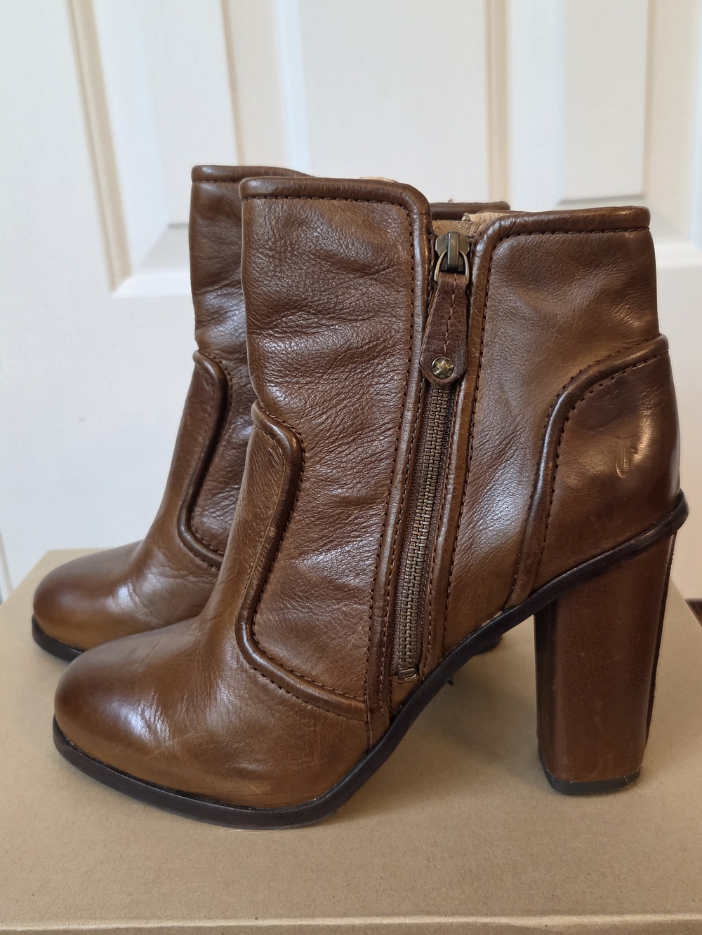 Women’s FRYE Brown Leather Zip Ankle Boots - High Heel